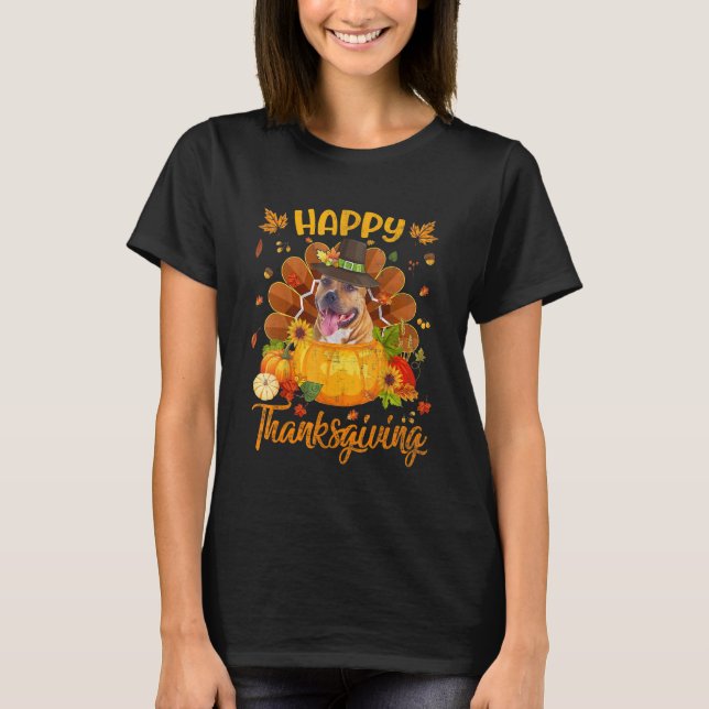 Happy Thanksgiving Pitbull Dog Turkey Pumpkin T-Shirt (Front)