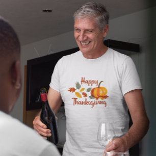 Happy Thanksgiving Pumpkin Autumn Leaves Flat T-Shirt