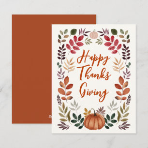 Happy Thanksgiving Pumpkin & Autumn Leaves  Holiday Card