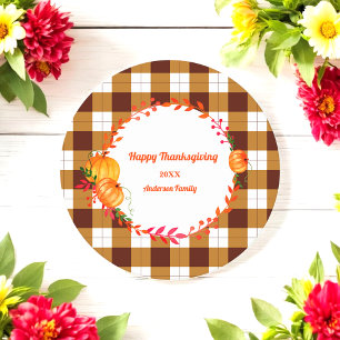 Happy Thanksgiving Pumpkin Brown Plaid  Round Paper Coaster