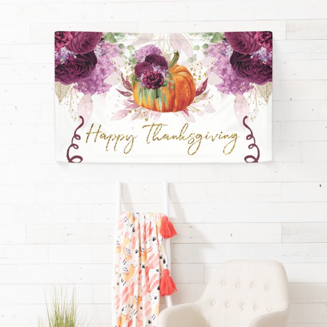 Happy Thanksgiving Pumpkin Burgundy Flowers Banner (Insitu)