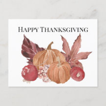 Happy Thanksgiving Pumpkin Cherry Leaf Watercolor