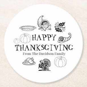 Happy Thanksgiving pumpkin custom family name Round Paper Coaster