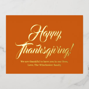 Happy Thanksgiving pumpkin custom script elegant Foil Holiday Postcard