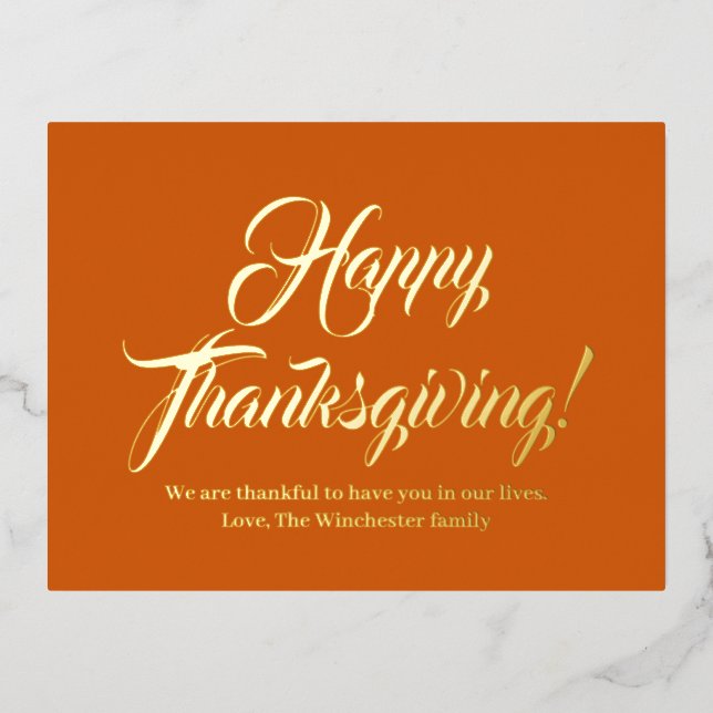 Happy Thanksgiving pumpkin custom script elegant Foil Holiday Postcard (Front)