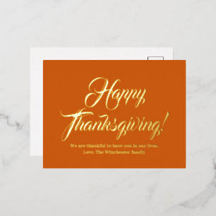 Happy Thanksgiving pumpkin custom script elegant Foil Holiday Postcard