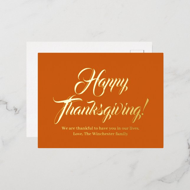 Happy Thanksgiving pumpkin custom script elegant Foil Holiday Postcard (Front/Back)