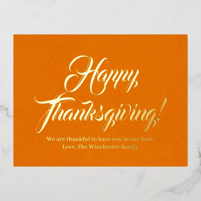 Happy Thanksgiving pumpkin elegant script custom Foil Holiday Postcard (Front)