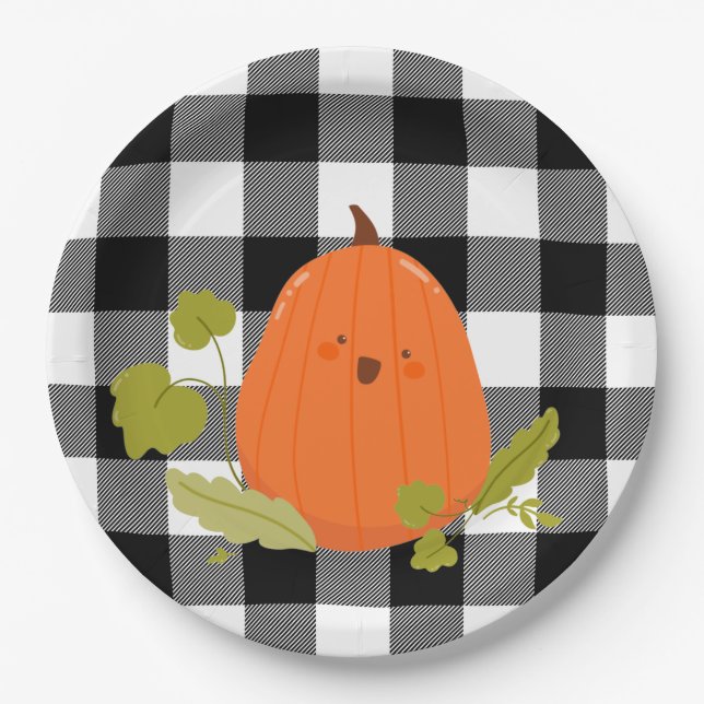 Happy Thanksgiving Pumpkin On Plaid Paper Plate (Front)