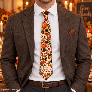 Happy Thanksgiving Pumpkin Sunflower Fall Floral Tie