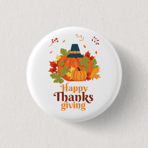 Happy Thanksgiving Pumpkin with Hats  and Leaves  3 Cm Round Badge
