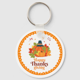 Happy Thanksgiving Pumpkin with Hats and Leaves Key Ring