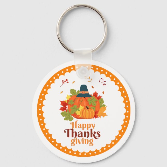 Happy Thanksgiving Pumpkin with Hats  and Leaves  Key Ring (Front)
