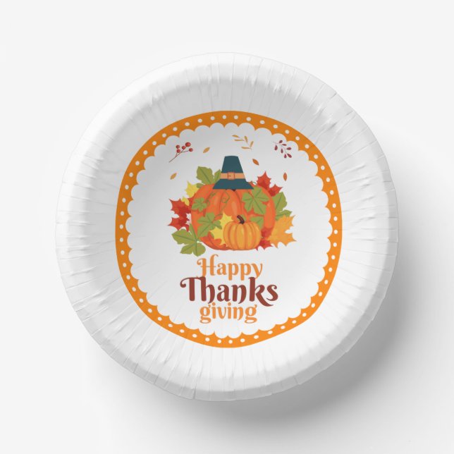 Happy Thanksgiving Pumpkin with Hats  and Leaves   Paper Plate (Front)