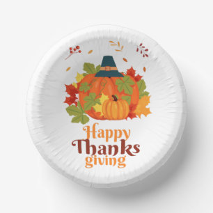Happy Thanksgiving Pumpkin with Hats and Leaves Paper Plate