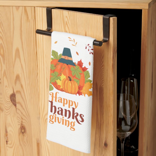 Happy Thanksgiving Pumpkin with Hats and Leaves   Tea Towel (Thirds Fold)