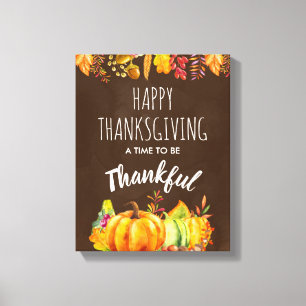 Happy Thanksgiving Pumpkins and Autumn Foliage Canvas Print