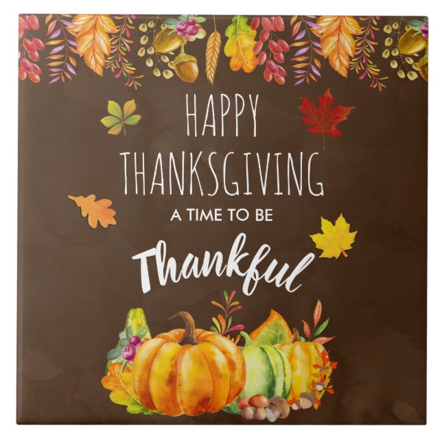 Happy Thanksgiving Pumpkins and Autumn Foliage Ceramic Tile (Front)