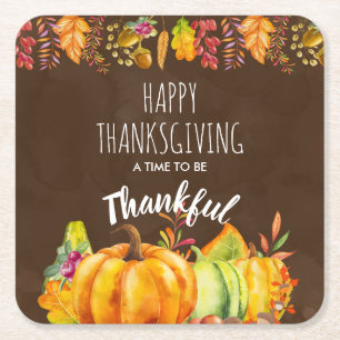 Happy Thanksgiving Pumpkins and Autumn Foliage Square Paper Coaster