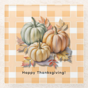 Happy Thanksgiving Pumpkins & Autumn Leaves Glass Coaster