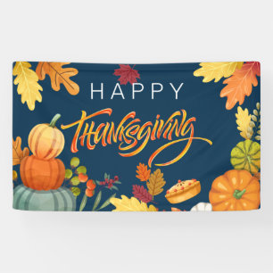 Happy Thanksgiving Pumpkins, Berries and Leaves Banner
