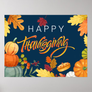 Happy Thanksgiving Pumpkins, Berries and Leaves Poster