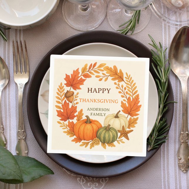 Happy Thanksgiving pumpkins fall foliage beige Napkin (Creator Uploaded)