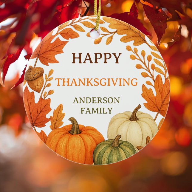 Happy Thanksgiving pumpkins fall foliage Ceramic Ornament (Creator Uploaded)