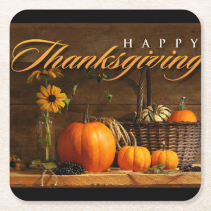 Happy Thanksgiving Pumpkins Floral Square Paper Coaster