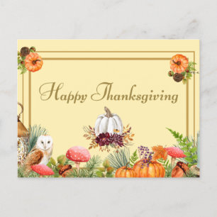 Happy Thanksgiving Pumpkins, Forest Mushrooms, Owl Postcard