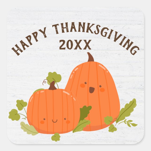 Happy Thanksgiving Pumpkins On Whitewashed Wood Square Sticker (Front)