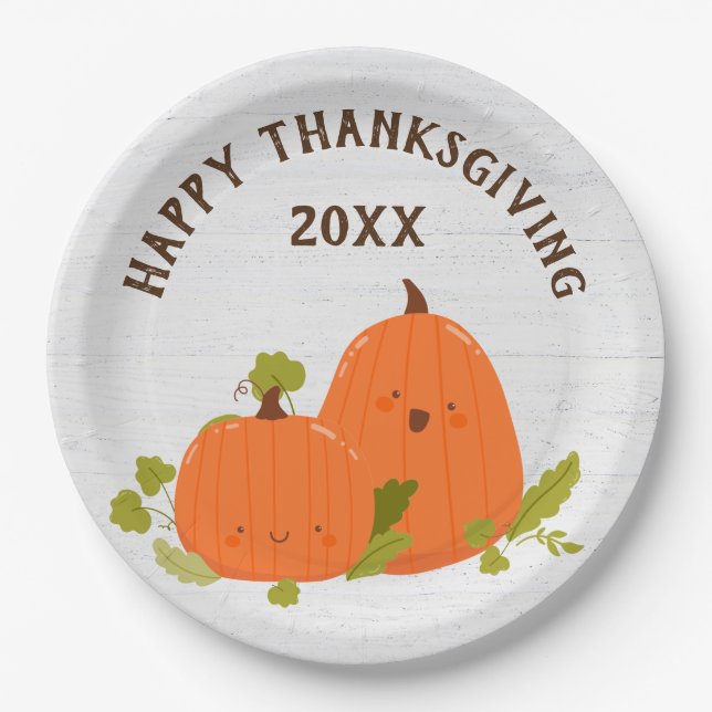Happy Thanksgiving Pumpkins On Wood Paper Plate (Front)