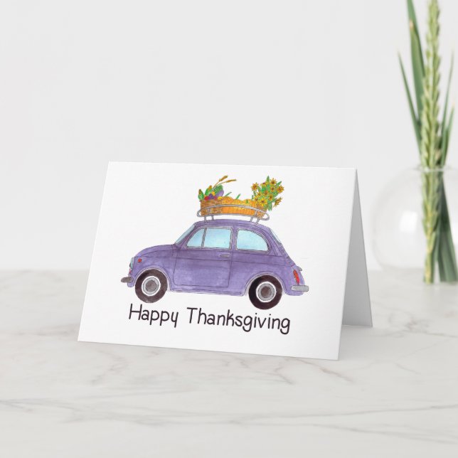 Happy Thanksgiving Purple Retro Fiat 500 Card (Front)