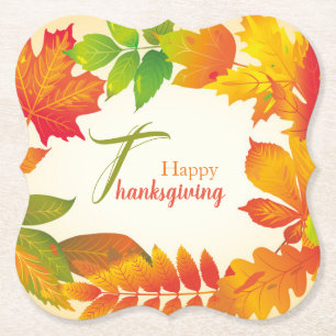 Happy Thanksgiving Quote Orange Fall Leaves Wreath Paper Coaster