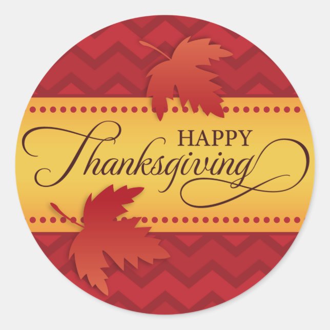 Happy Thanksgiving red chevron pattern autumn leaf Classic Round Sticker (Front)