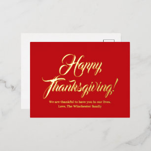 Happy Thanksgiving red custom script elegant Foil Holiday Postcard