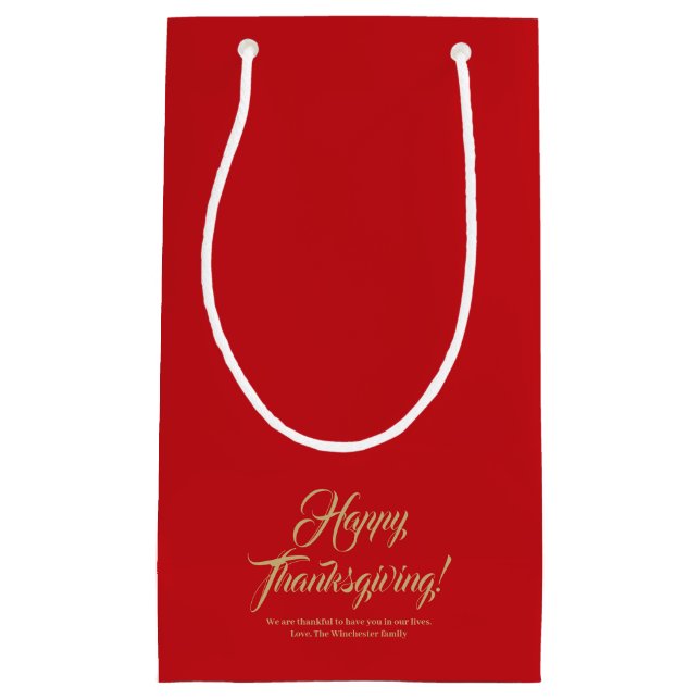 Happy Thanksgiving red gold custom script elegant Small Gift Bag (Front)
