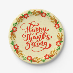 Happy Thanksgiving Red Gold Wreath 7" Paper Plate