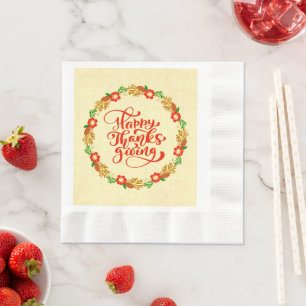 Happy Thanksgiving Red Gold Wreath Coined Luncheon Napkin
