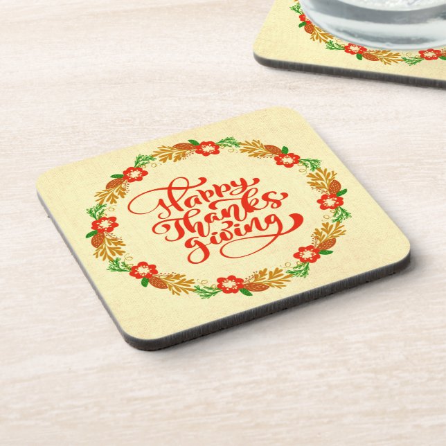Happy Thanksgiving Red Gold Wreath Hard Coaster (Left Side)