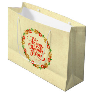 Happy Thanksgiving Red Gold Wreath Large Gift Bag