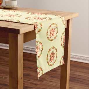 Happy Thanksgiving Red Gold Wreath Long Table Runner