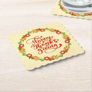 Happy Thanksgiving Red Gold Wreath Paper Coaster