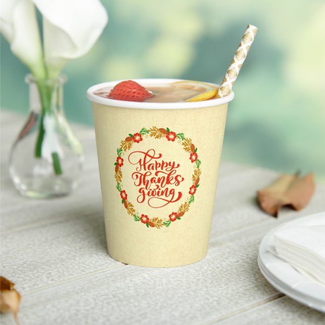 Happy Thanksgiving Red Gold Wreath Paper Cups (Insitu)