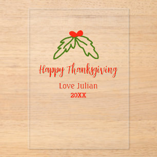 Happy Thanksgiving red green leaves cherry name ye Acrylic Invitations