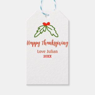 Happy Thanksgiving red green leaves cherry name ye Gift Tags