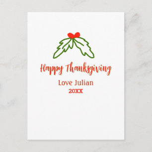 Happy Thanksgiving red green leaves cherry name ye Holiday Postcard