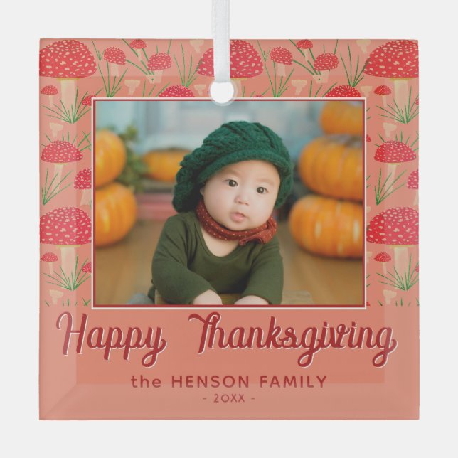 Happy Thanksgiving Red Mushroom Fall Photo Glass Tree Decoration (Front)