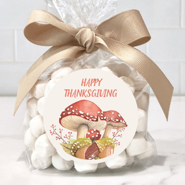 Happy Thanksgiving Red Mushrooms Autumn Fall Classic Round Sticker (Red mushrooms "Happy Thanksgiving" stickers)