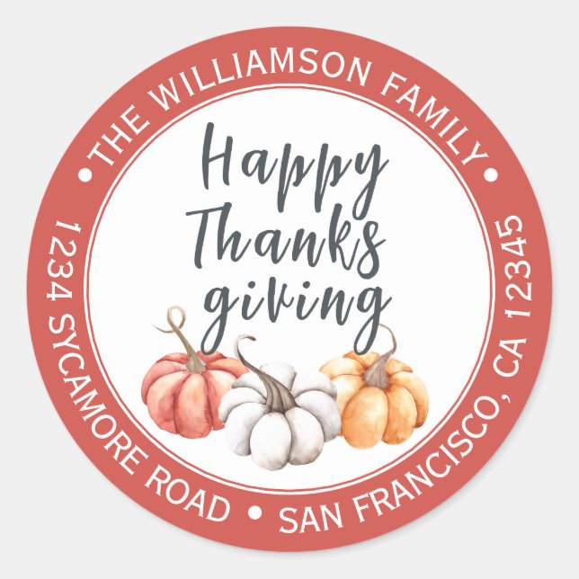 Happy Thanksgiving Red Return Address  Classic Round Sticker (Front)